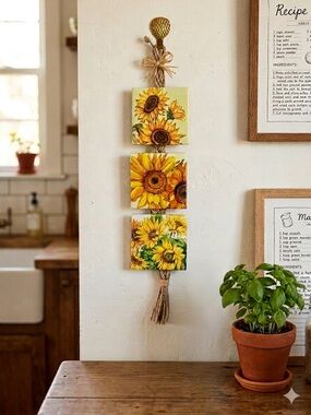 Sunflower Tiles Made in Italy Wall Decor Trio of Tiles Hanging on Braided Jute